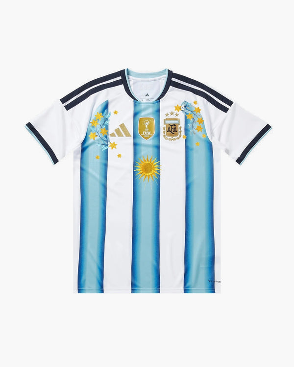 Argentina hand-embroidered football shirt in blue / white, worn as an outfit — CRID