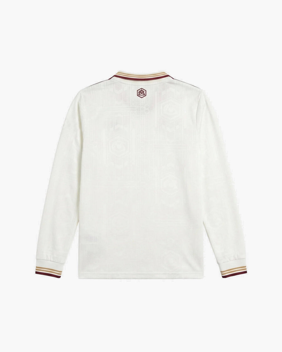 Arsenal hand-embroidered football shirt in white / burgundy, back view — CRID