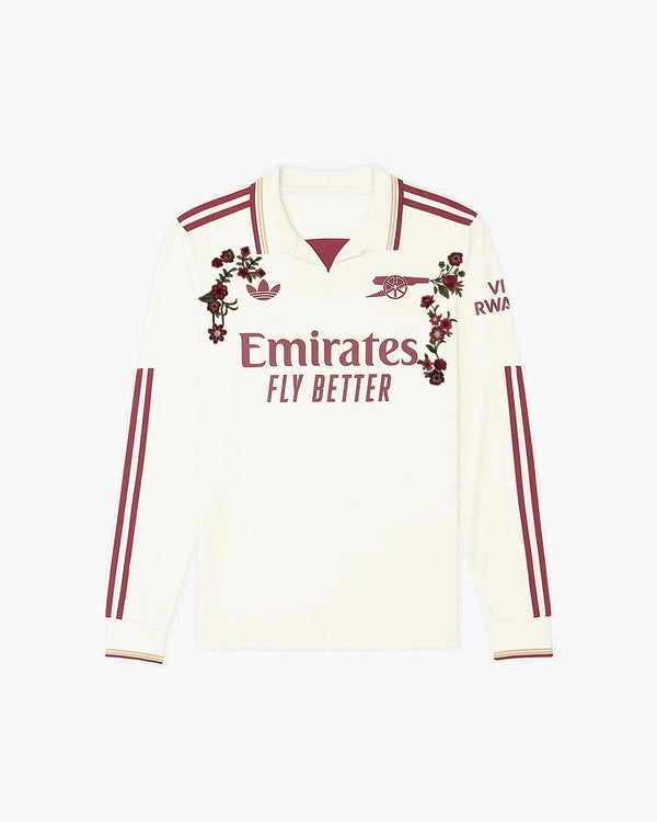 Arsenal hand-embroidered football shirt in white / burgundy, front view — CRID