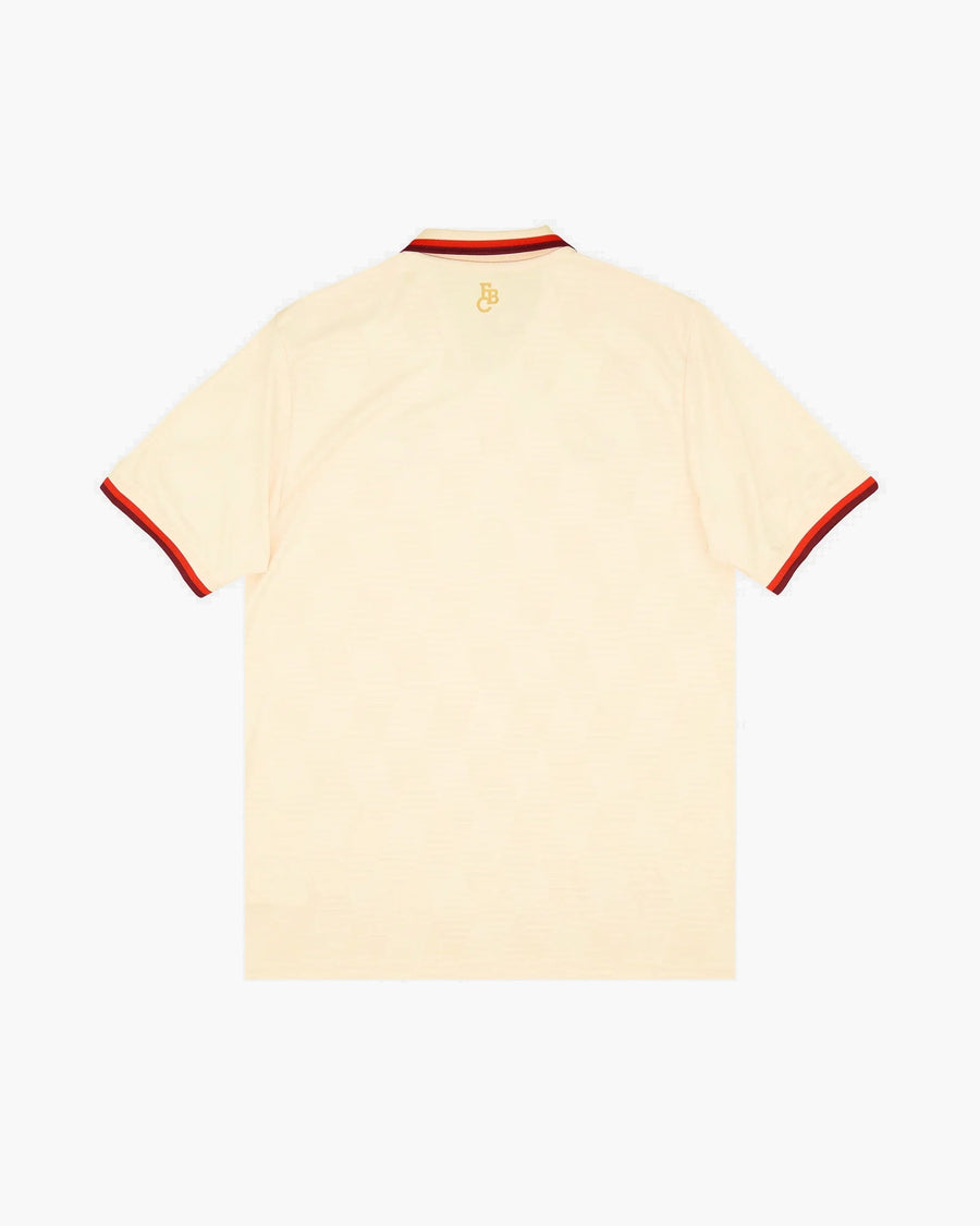 Bayern Munich hand-embroidered football shirt in cream / red, back view — CRID