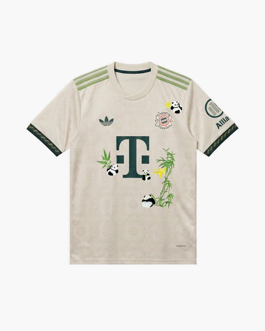 Bayern Munich hand-embroidered football shirt in beige / green, front view — CRID