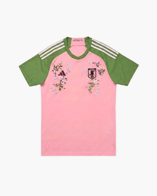 Japan hand-embroidered football shirt in pink / green, front view — CRID
