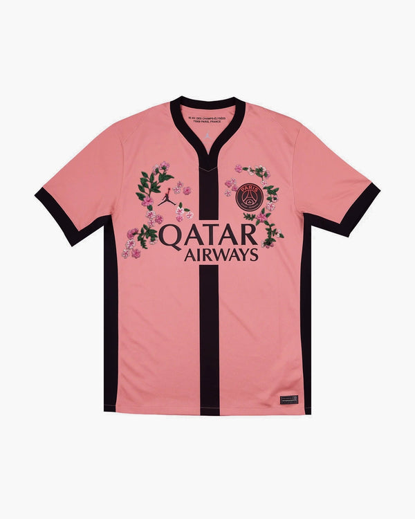 PSG hand-embroidered football shirt in pink / black, front view — CRID