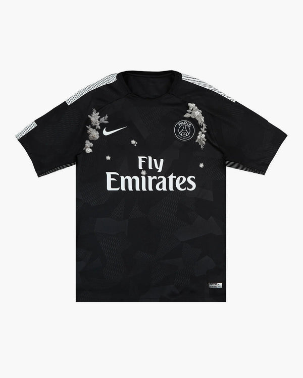 PSG hand-embroidered football shirt in black, front view — CRID