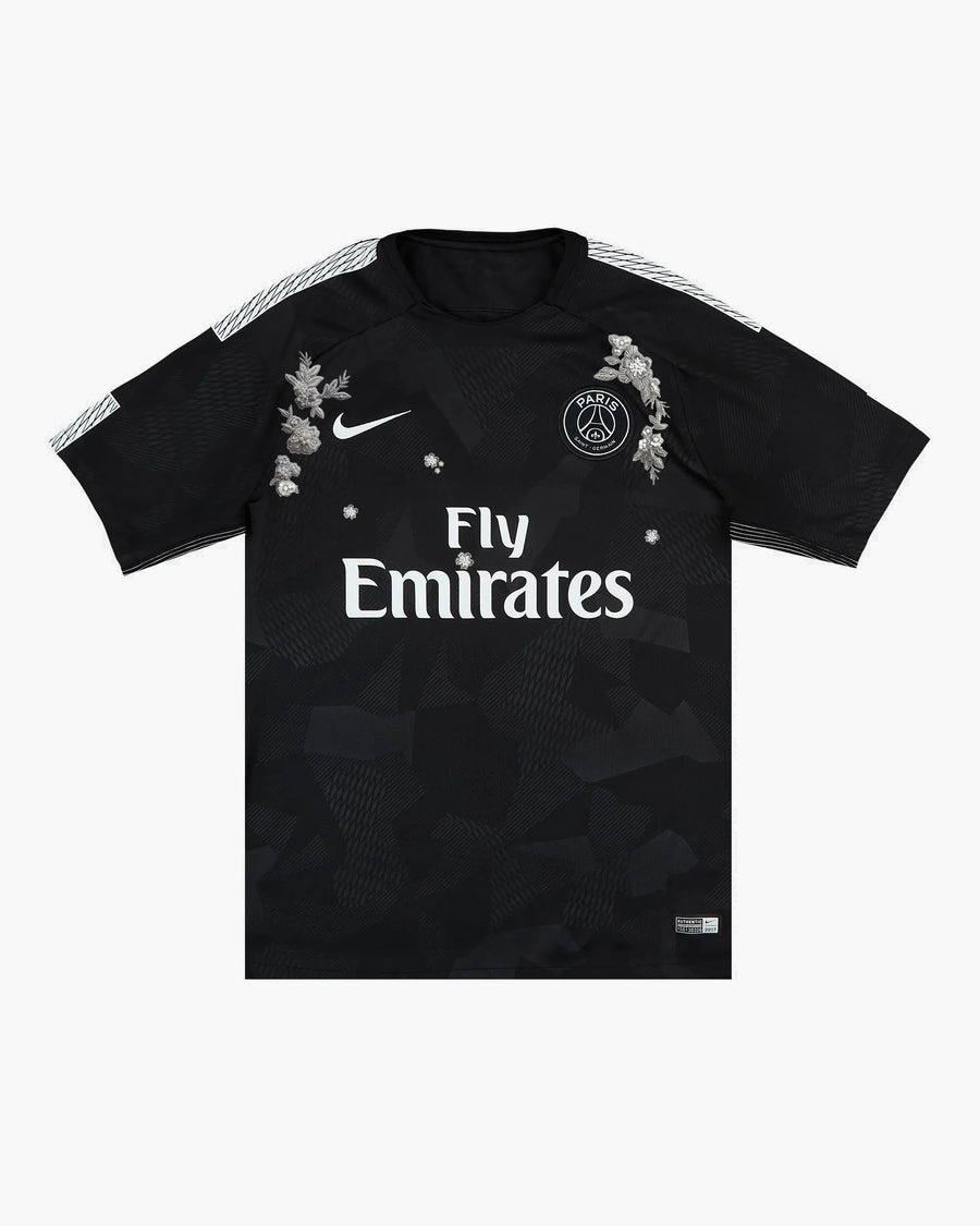 PSG hand-embroidered football shirt in black, front view — CRID