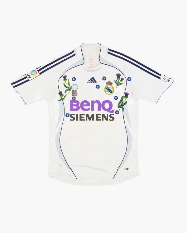 Real Madrid hand-embroidered football shirt in white / purple, front view — CRID