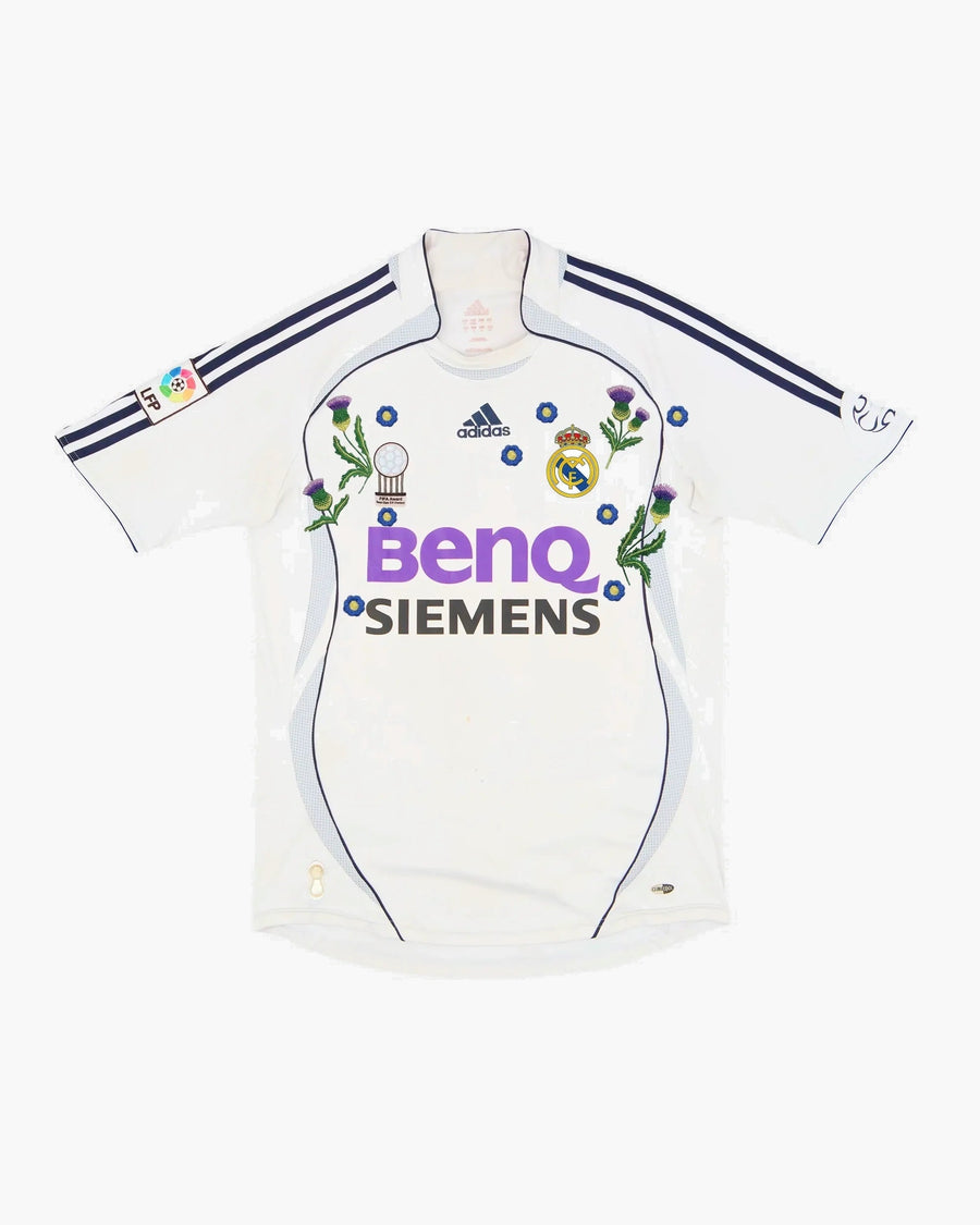 Real Madrid hand-embroidered football shirt in white / purple, front view — CRID