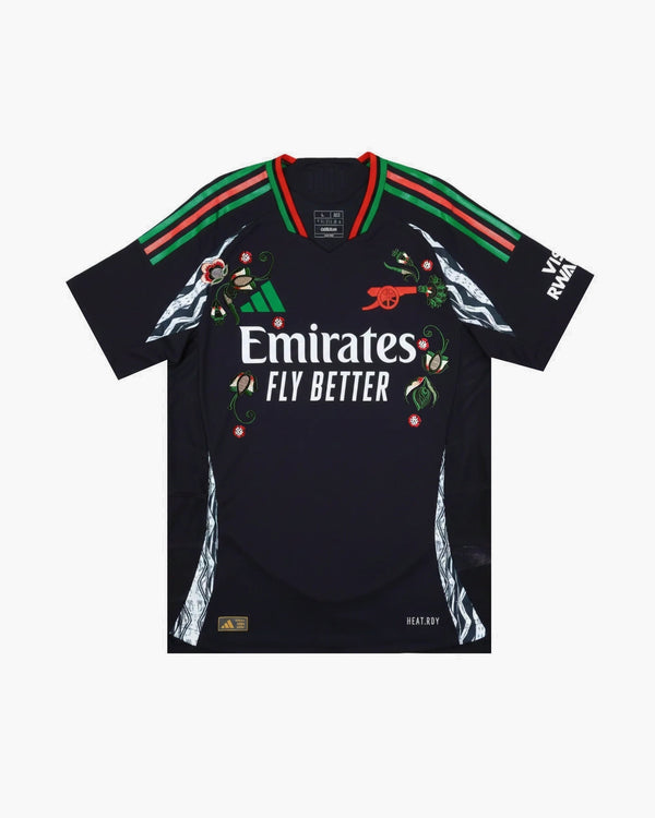 Arsenal hand-embroidered football shirt in black / red, front view — CRID