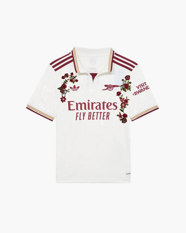 Arsenal hand-embroidered football shirt in white / burgundy, front view — CRID