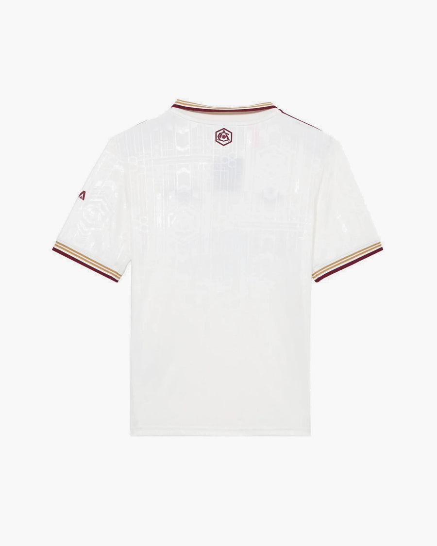 Arsenal hand-embroidered football shirt in white / burgundy, back view — CRID