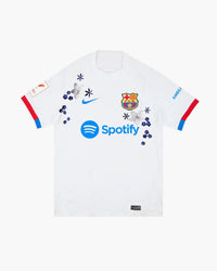 Barcelona hand-embroidered football shirt in white / blue, front view — CRID
