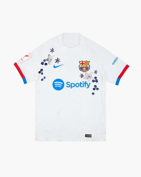 Barcelona hand-embroidered football shirt in white / blue, front view — CRID