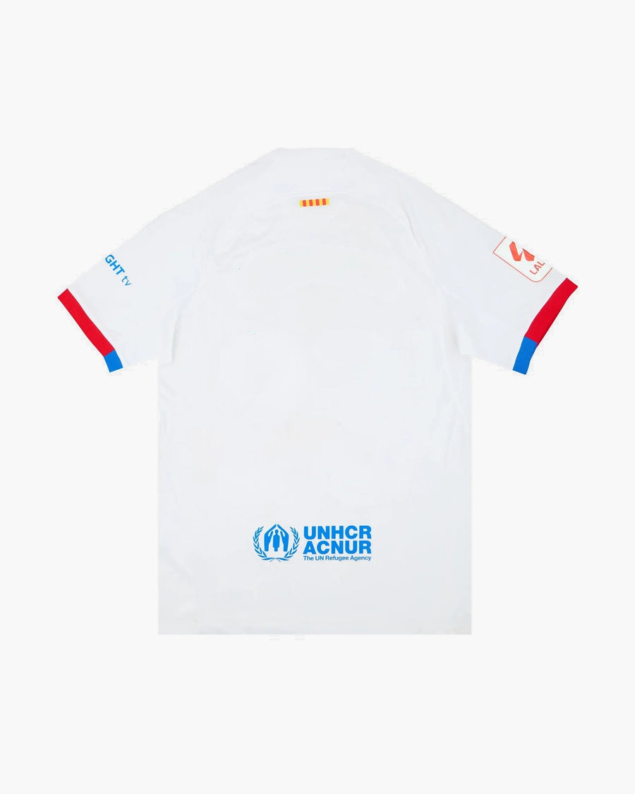 Barcelona hand-embroidered football shirt in white / blue, back view — CRID