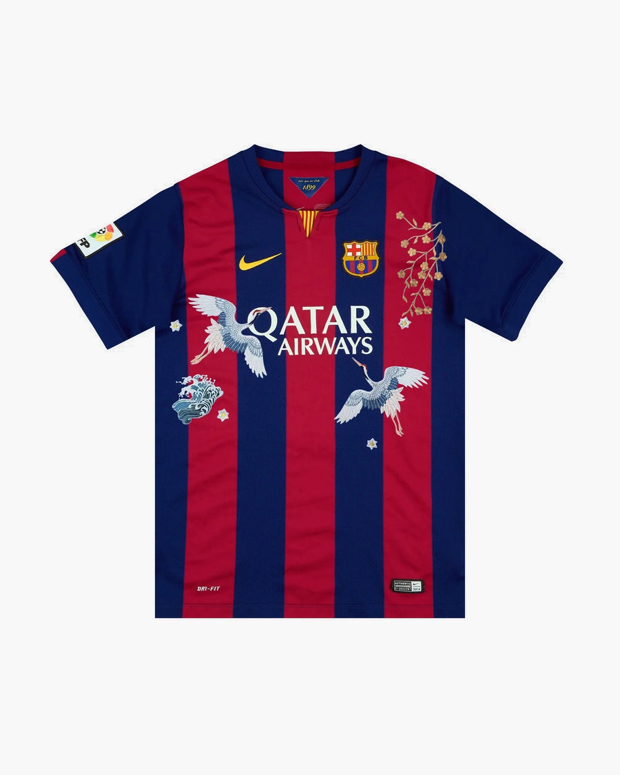 Barcelona hand-embroidered football shirt in blue / red, front view — CRID