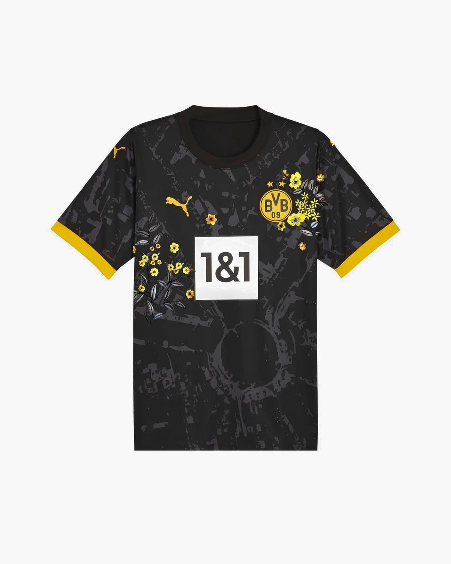 Borussia Dortmund hand-embroidered football shirt in black / yellow, front view — CRID