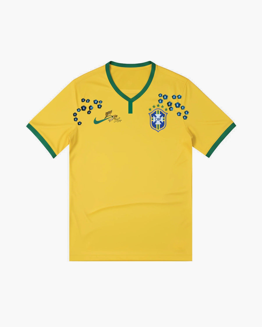 Brazil hand-embroidered football shirt in yellow / green, front view — CRID