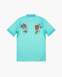 China hand-embroidered football shirt in turquoise, front view — CRID