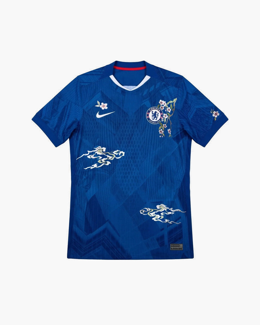 Chelsea hand-embroidered football shirt in blue, front view — CRID