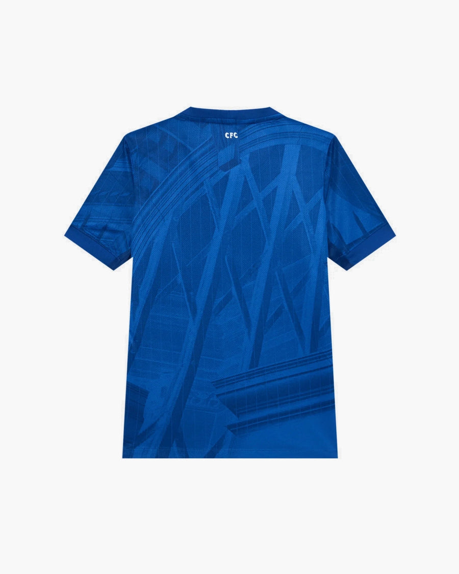 Chelsea hand-embroidered football shirt in blue, back view — CRID