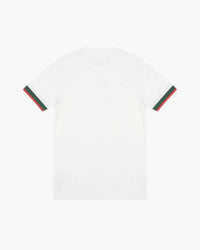 Chelsea hand-embroidered football shirt in white / green / red, back view — CRID