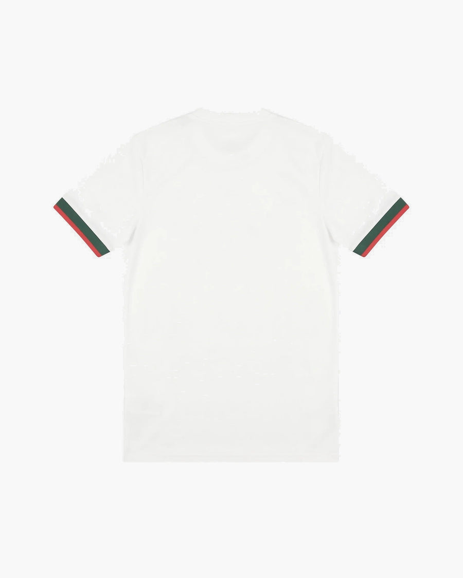 Chelsea hand-embroidered football shirt in white / green / red, back view — CRID