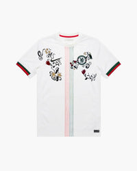 Chelsea hand-embroidered football shirt in white / green / red, front view — CRID
