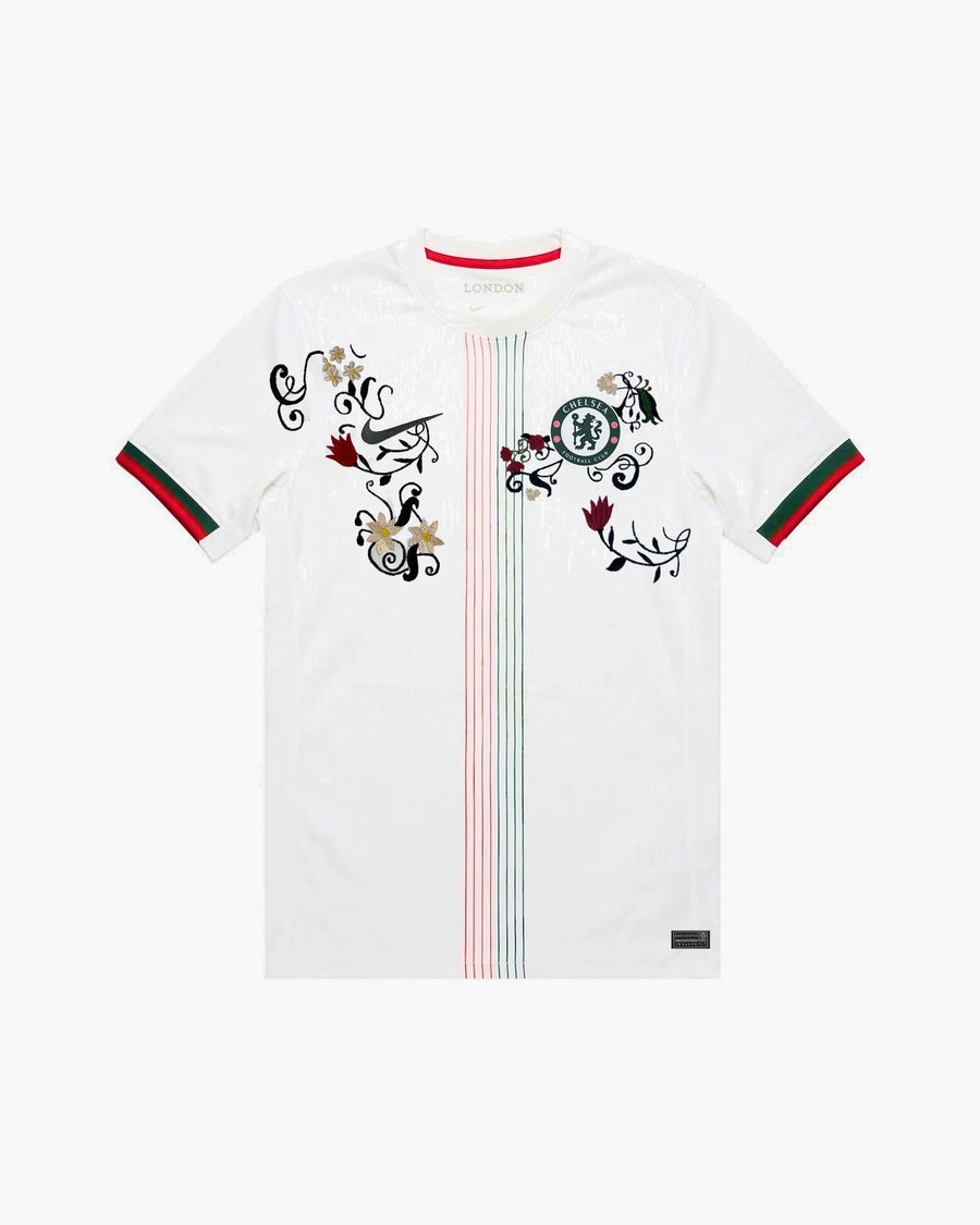 Chelsea hand-embroidered football shirt in white / green / red, front view — CRID