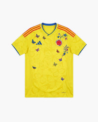 Colombia hand-embroidered football shirt in yellow / blue, front view — CRID