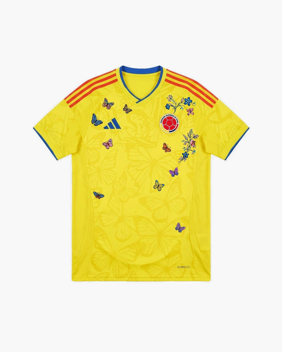 Colombia hand-embroidered football shirt in yellow / blue, front view — CRID