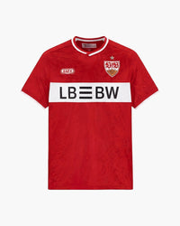 VfB Stuttgart 2026/27 away football shirt in red by JAKO with the white LBBW band, front view — CRID