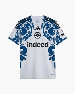 Eintracht Frankfurt 26/27 away shirt worn with navy trousers, street style — CRID