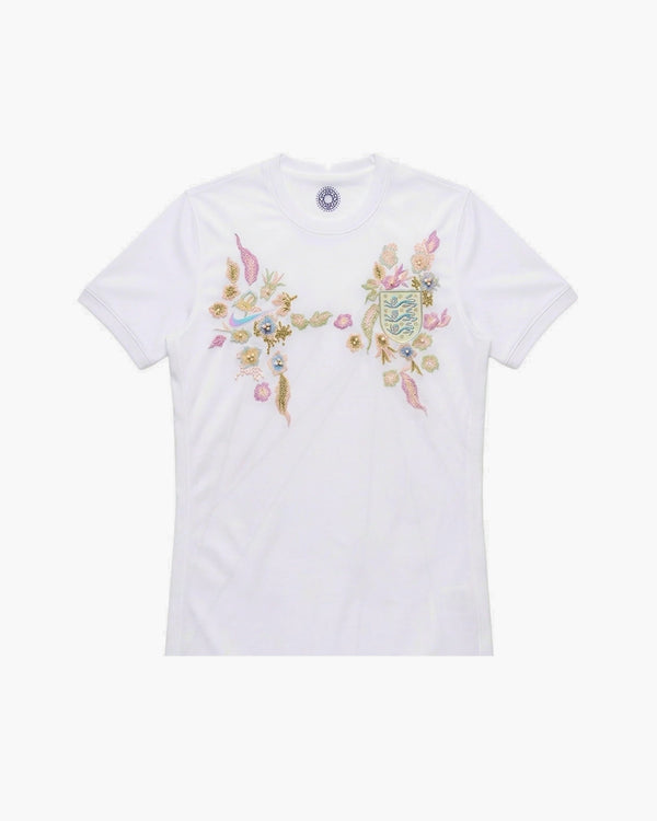 England hand-embroidered football shirt in white / gold, front view — CRID