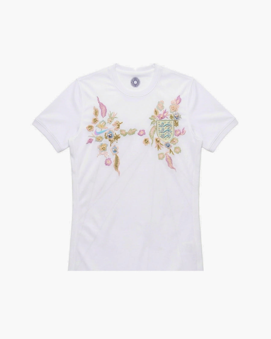 England hand-embroidered football shirt in white / gold, front view — CRID