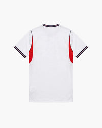 England hand-embroidered football shirt in white / red, back view — CRID