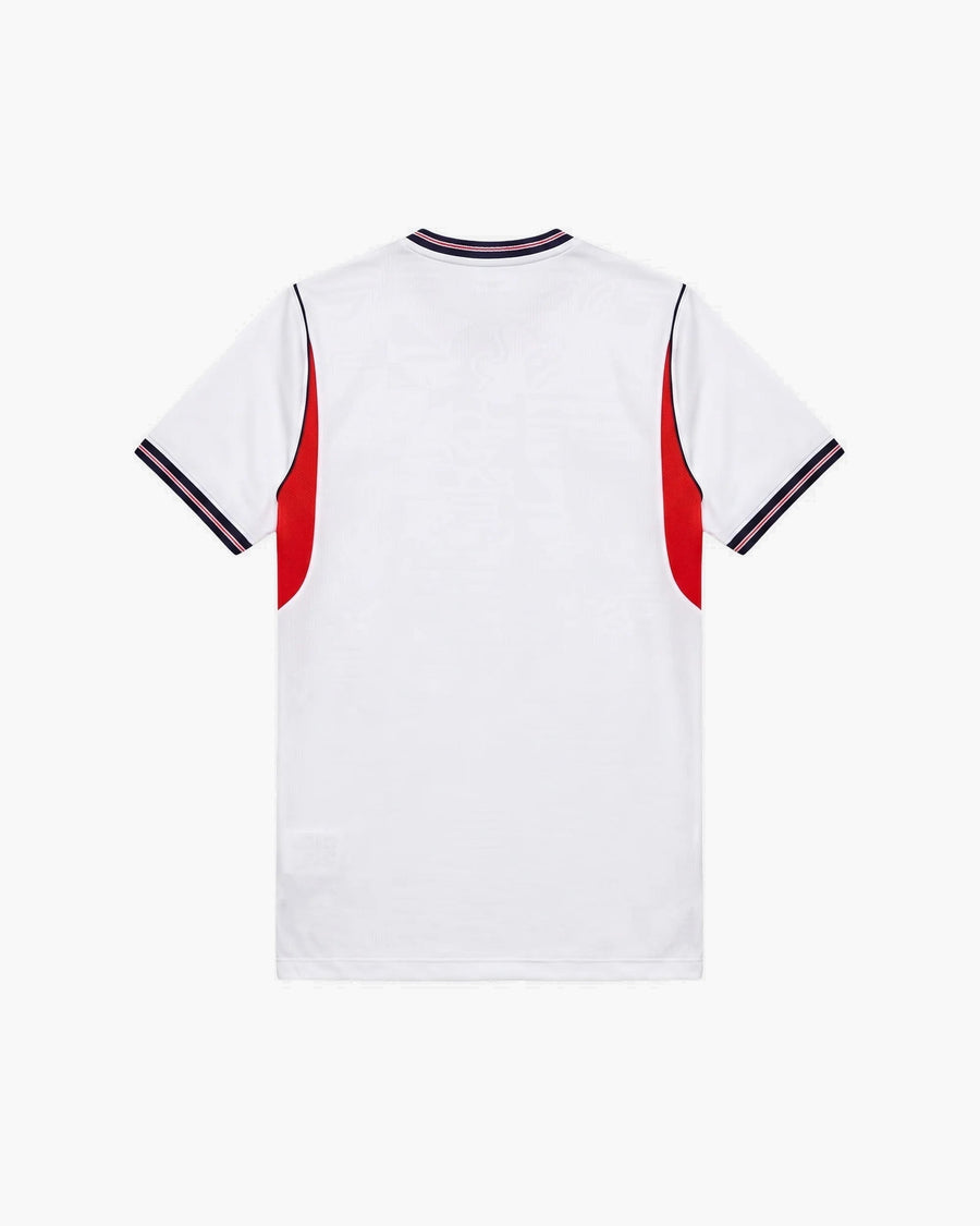 England hand-embroidered football shirt in white / red, back view — CRID