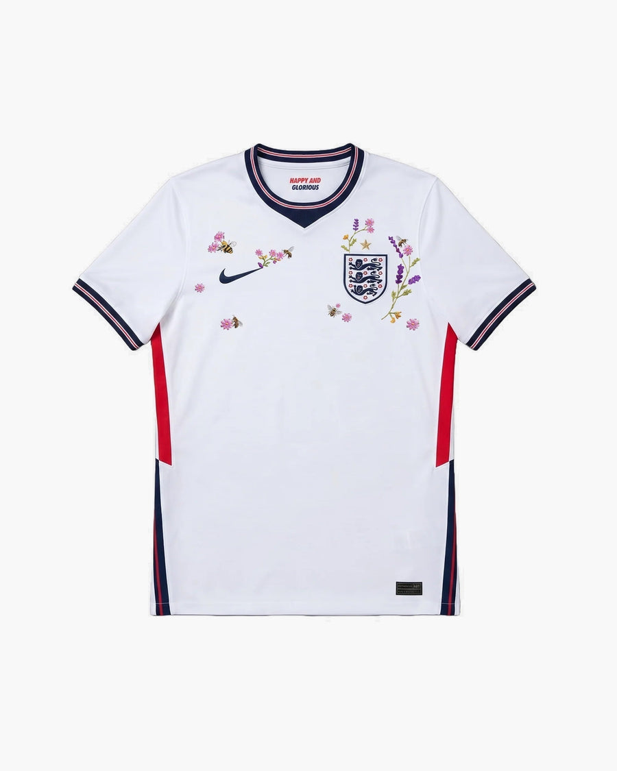 England hand-embroidered football shirt in white / red, front view — CRID