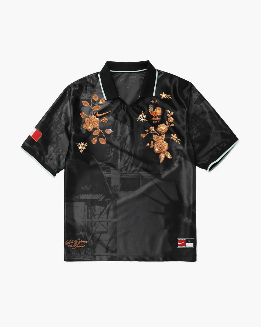 France hand-embroidered football shirt in black / gold, front view — CRID