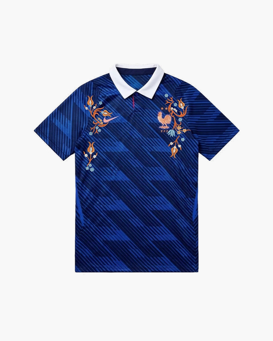 France hand-embroidered football shirt in blue, front view — CRID