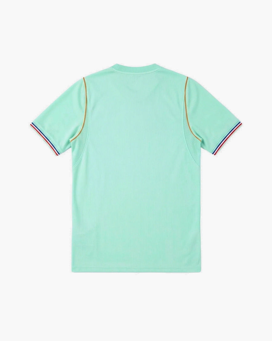 France hand-embroidered football shirt in mint / green / gold, back view — CRID