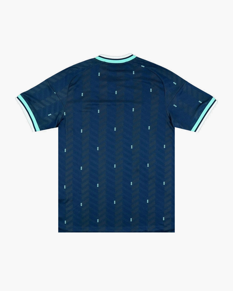 Germany hand-embroidered football shirt in navy / turquoise, back view — CRID