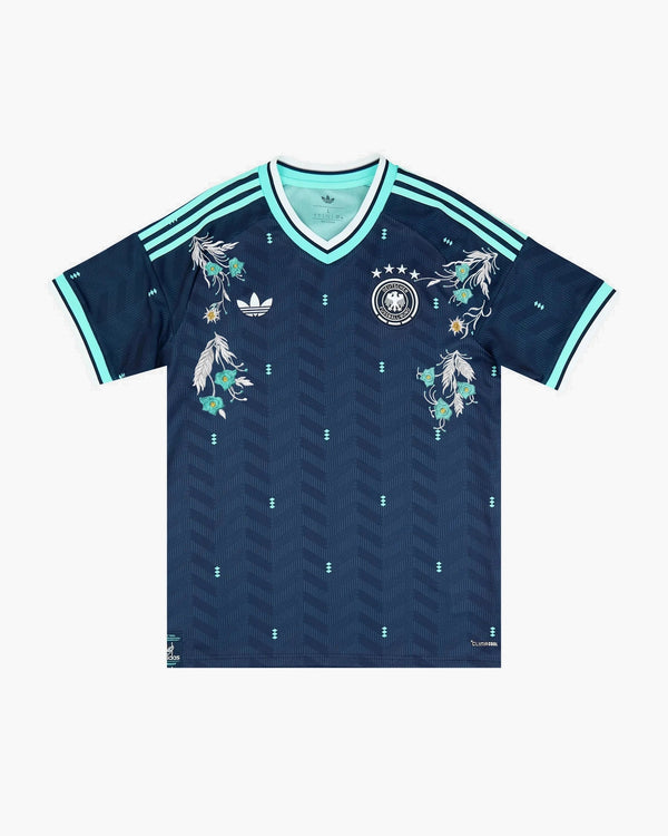 Germany hand-embroidered football shirt in navy / turquoise, front view — CRID