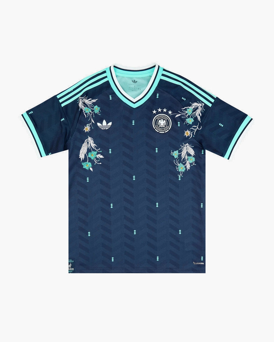 Germany hand-embroidered football shirt in navy / turquoise, front view — CRID