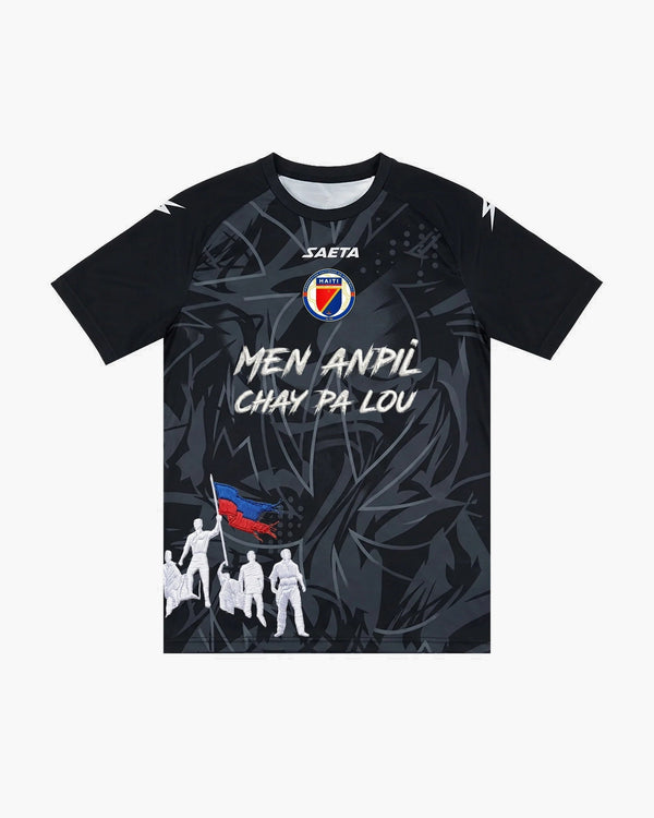 Haiti hand-embroidered football shirt in black, front view — CRID