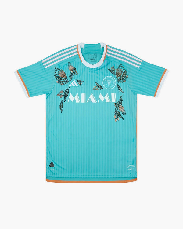 Inter Miami hand-embroidered football shirt in turquoise, front view — CRID