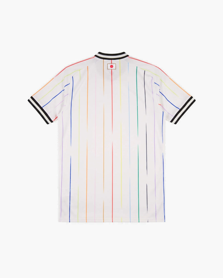 Japan hand-embroidered football shirt in white / black, back view — CRID