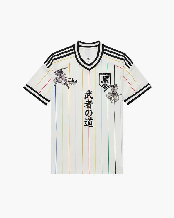 Japan hand-embroidered football shirt in white / black, front view — CRID