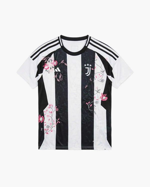 Juventus hand-embroidered football shirt in black / white, front view — CRID