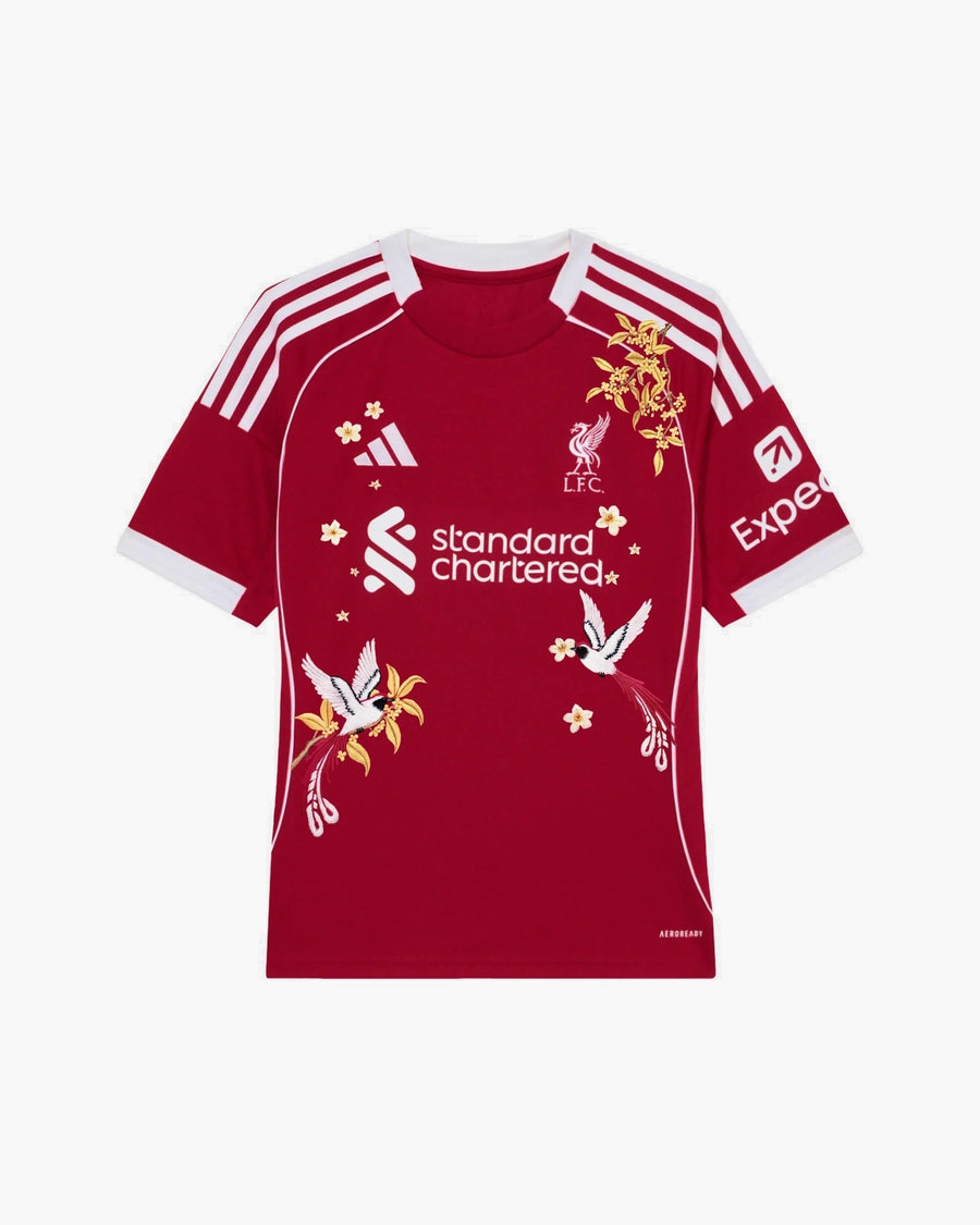 Liverpool hand-embroidered football shirt in red / gold, front view — CRID