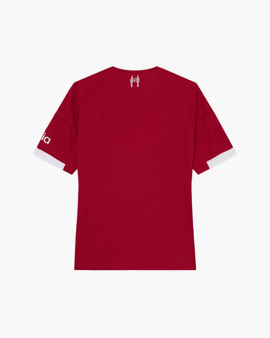 Liverpool hand-embroidered football shirt in red / gold, back view — CRID