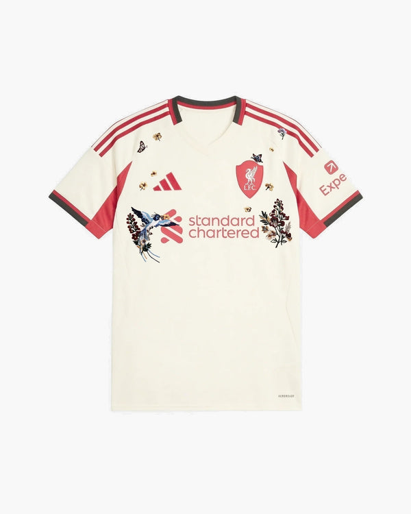 Liverpool hand-embroidered football shirt in cream / red, front view — CRID